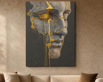 Kintsugi Face Canvas, Charcoal and Gold Living Room Wall Art