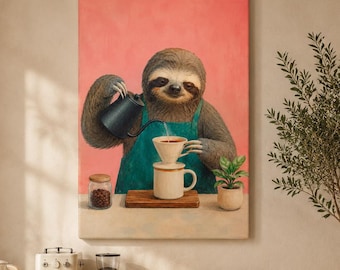 Coffee Bar Sloth Barista Canvas, Funny Pour Over Dripper Wall Art
