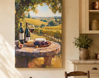 Tela com Vinhedo Toscano, Vinho e Queijo, Arte de Parede para Cozinha Italiana