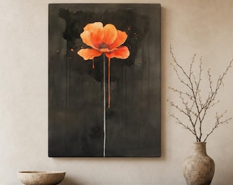Orange Poppy Canvas, Dark Minimalist Floral Wall Art