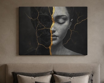 Kintsugi Woman Portrait Canvas, Black and Gold Wall Art