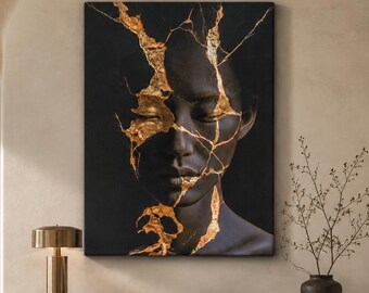 Black Woman Portrait Canvas, Gold Leaf Kintsugi Wall Art