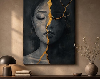 Kintsugi Woman Portrait Canvas, Gold and Charcoal Wall Art