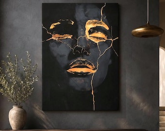 Black and Gold Kintsugi Portrait Canvas, Minimalist Entryway Wall Art