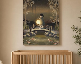 Koi Pond Lantern Canvas, Japanese Nursery Wall Art