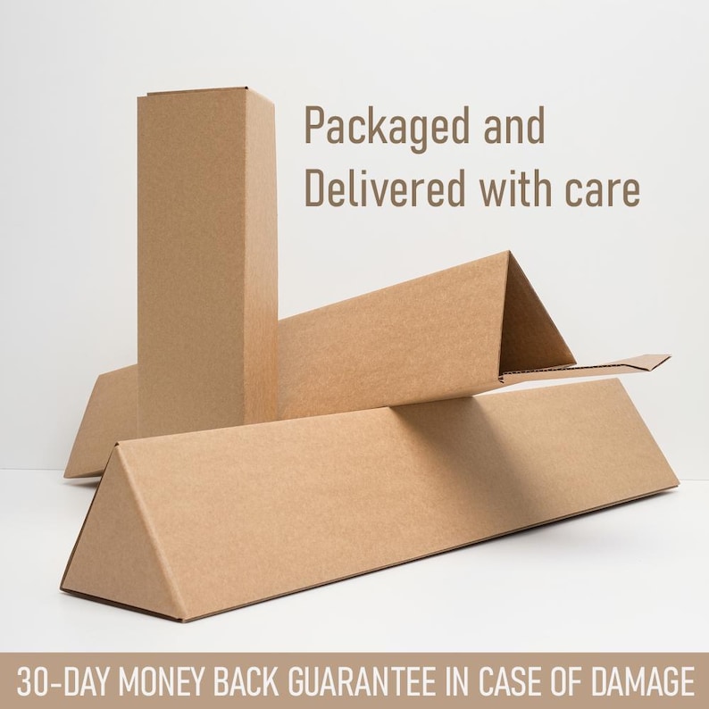 Peut inclure: Plusieurs bo&icirc;tes d'emballage en carton marron, dont une haute bo&icirc;te rectangulaire et des bo&icirc;tes triangulaires. Le texte "Packaged and Delivered with care" est visible. Le bas de l'image indique "30-DAY MONEY BACK GUARANTEE IN CASE OF DAMAGE."