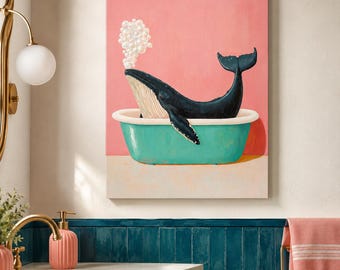 Bathroom Wall Art, Funny Whale in Bathtub Canvas Print, Above Toilet Decor
