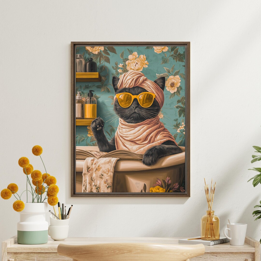Vintage Black Cat Art Print, Framed Funny Bathroom Wall Decor With ...