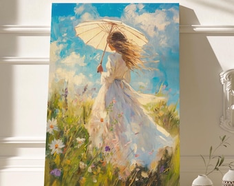 Monet Stil Leinwand Kunst | Frau mit Sonnenschirm, Wildblumenwiese