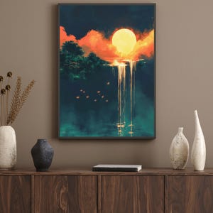 May include: A digital painting of a sunset over a waterfall. The sun is a large, bright yellow circle in the sky, and the clouds are a mix of orange, pink, and purple. The waterfall is cascading down a cliff face, and the water is a deep blue. There are a few small birds flying in the sky.