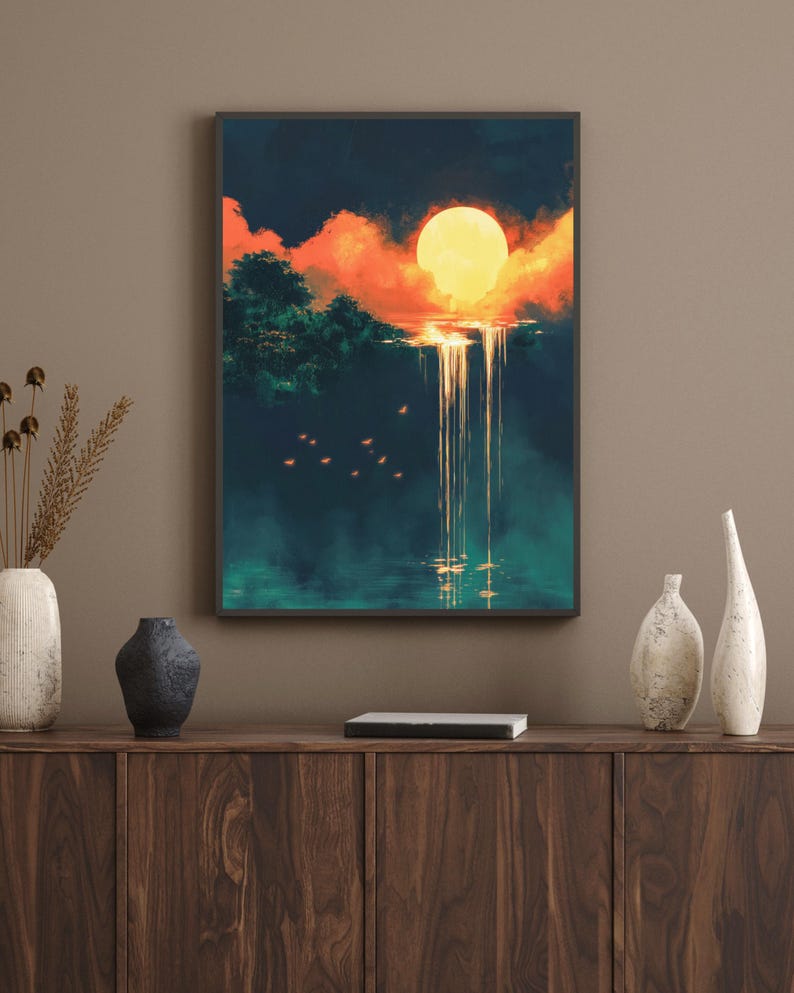 May include: A digital painting of a sunset over a waterfall. The sun is a large, bright yellow circle in the sky, and the clouds are a mix of orange, pink, and purple. The waterfall is cascading down a cliff face, and the water is a deep blue. There are a few small birds flying in the sky.