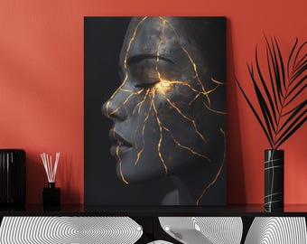 Kintsugi Woman Portrait Canvas Art, Black and Gold, Zen Noir Decor