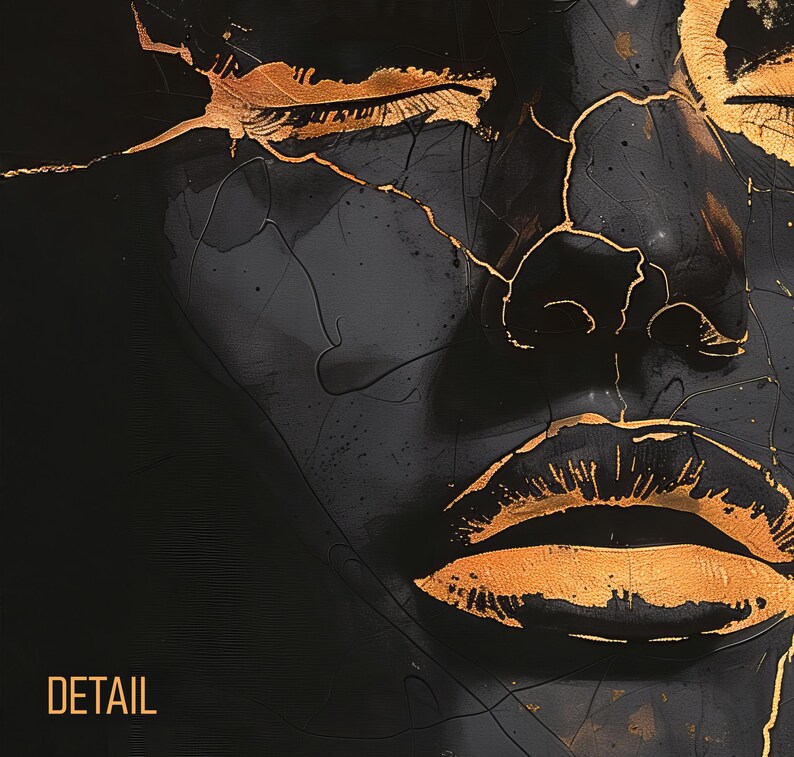 May include: A close-up artwork featuring a dark charcoal face with metallic gold cracks running across the skin, eyes, and lips. The word DETAIL is printed in gold in the bottom left corner, set against a deep black background with texture.