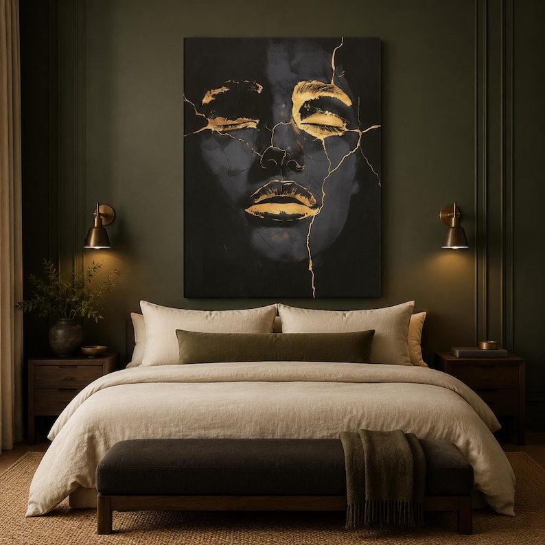 May include: A large rectangular wall art piece featuring a dark, abstract human face with closed eyes and lips highlighted in metallic gold. Thin, jagged gold lines resembling cracks run across the face, contrasting against the deep black background.