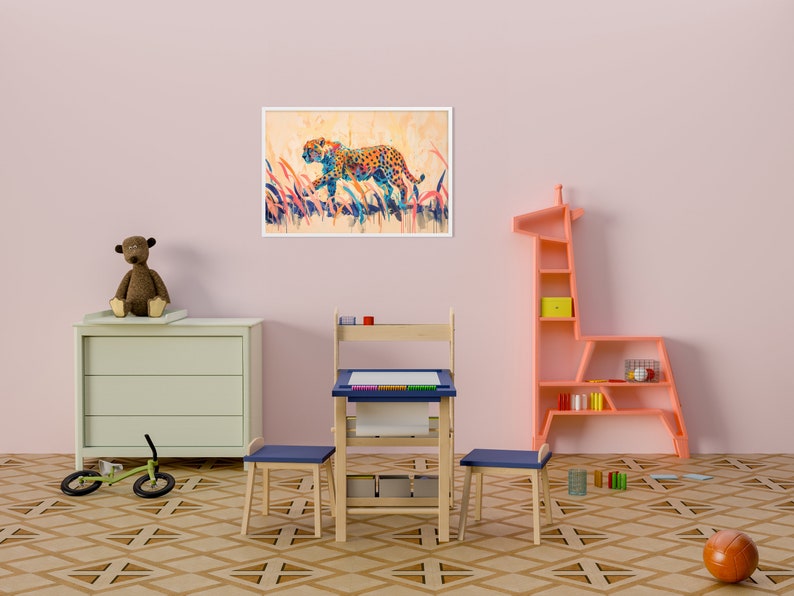 May include: A framed watercolor painting of a cheetah in a child's room. The cheetah is depicted with colorful spots and is running through tall grass. The room has a pink wall, a light green dresser, and a giraffe-shaped bookshelf.
