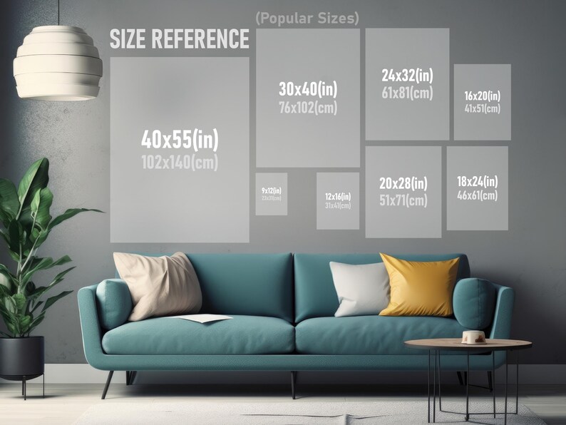 May include: A size reference chart for artwork, showing different sizes in inches and centimeters. The chart is displayed on a gray wall with a teal sofa and a coffee table in front of it.