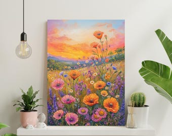 Wildflower Field Canvas Print, Sunset Landscape Painting, Unframed