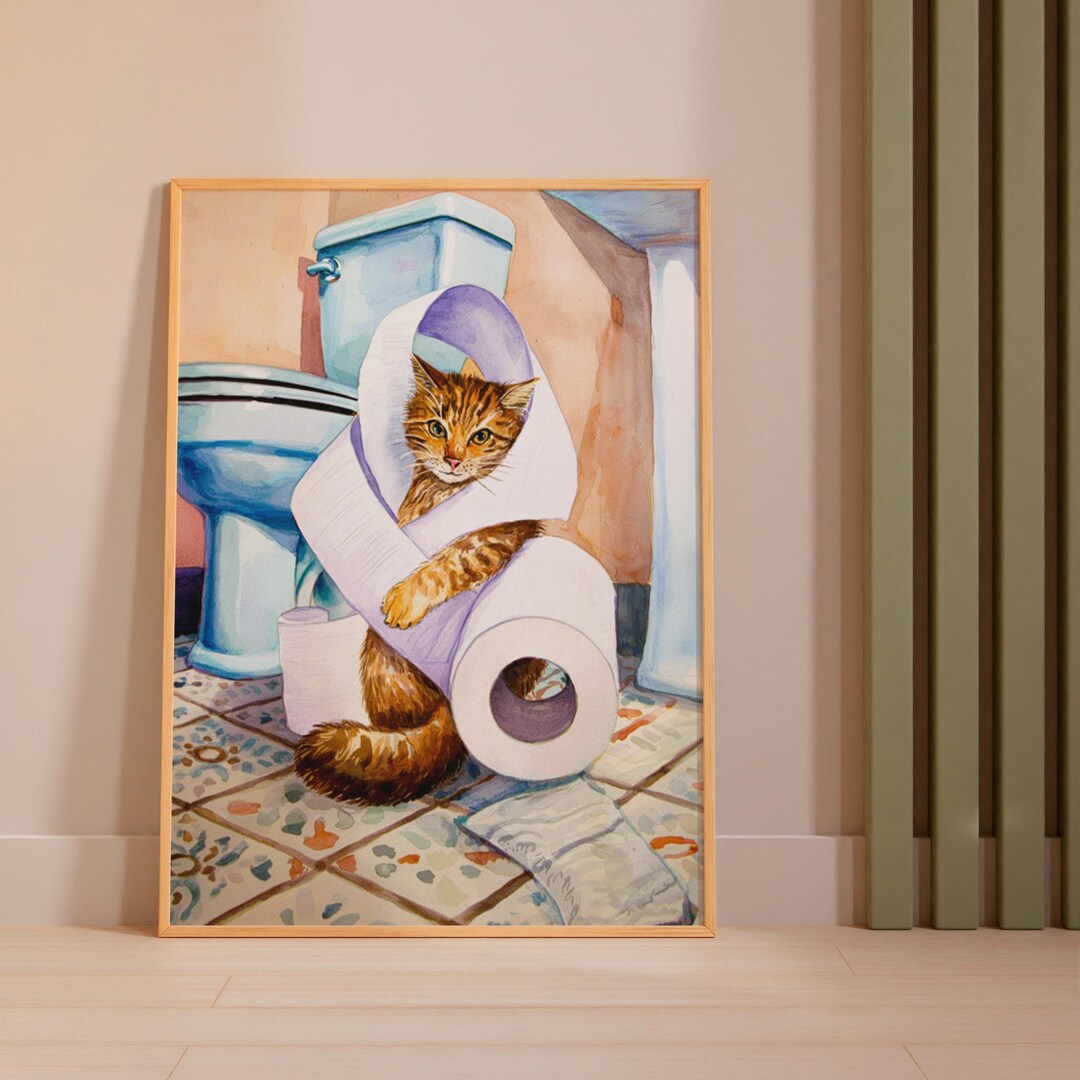 Funny Cat Poster, Cute Bathroom Wall Art for Restroom, Watercolor Cat ...