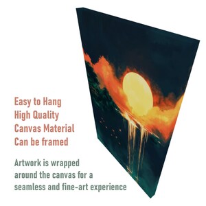 May include: A painting of a sunset over a body of water. The sun is a bright yellow and the sky is a mix of orange, red, and purple. The water is a dark blue and there are a few small white birds flying in the sky.