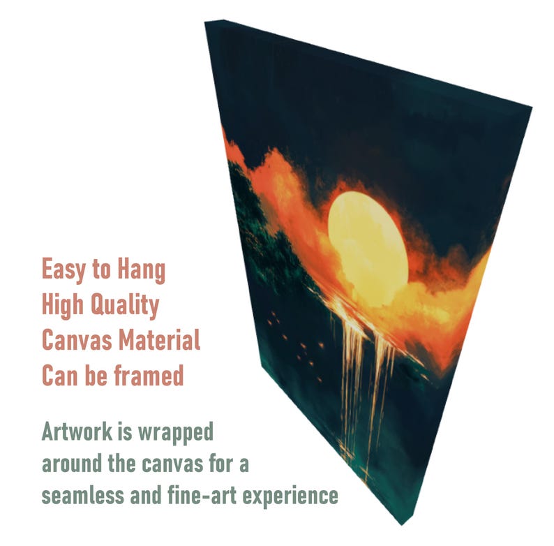 May include: A painting of a sunset over a body of water. The sun is a bright yellow and the sky is a mix of orange, red, and purple. The water is a dark blue and there are a few small white birds flying in the sky.