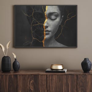 Kintsugi canvas muurkunst, noir art print van vrouwenportret, modern minimalistisch zendecor met zwarte en gouden abstracte kunst