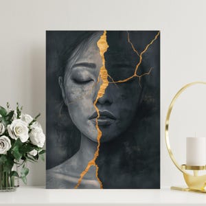 Moderne Kintsugi-kunstprint - portret van de vrouw in zwart en goud, zen canvas muurkunst, humeurig hedendaags minimalistisch decor, abstracte kunstprint