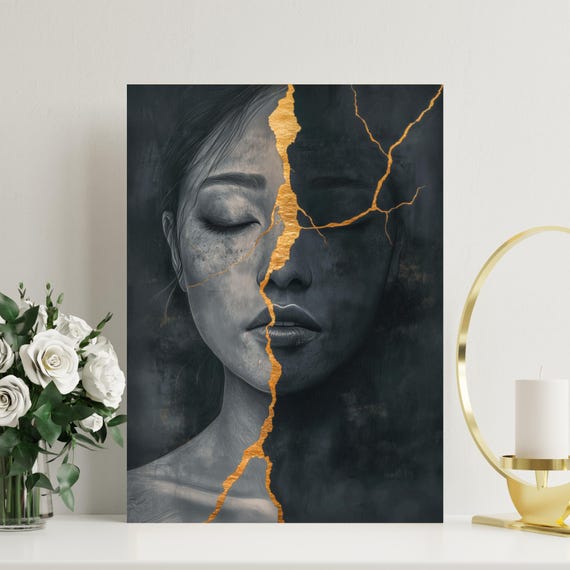 Kintsugi Woman Portrait Art Print: Black and Gold Zen Canvas