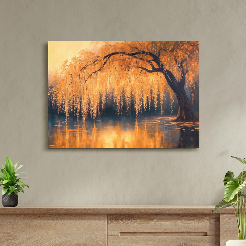 Golden Weeping Willow Canvas Print, Impressionist Autumn Tree Art - Etsy