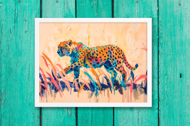 May include: A framed art print featuring a colorful cheetah walking through tall grass. The cheetah is painted with orange, blue, and black spots. The background is a light peach color, and the grass is pink and blue.