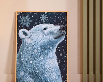 Polar Bear Canvas Print, Winter Snowflakes Art, Kids Room Decor (Unframed)