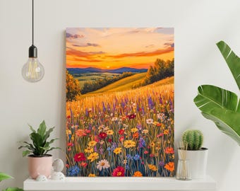 Lienzo impreso con arte de atardecer en un prado de flores silvestres, colores cálidos, pintura de paisaje