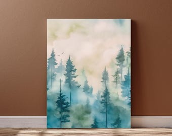 Misty Pine Tree Forest Canvas Print, Scandinavian Wall Art