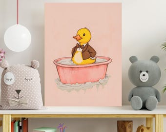 Duck in Tuxedo Print: Funny Pastel Pink Bathroom Canvas Art