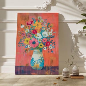 Bunte Blumen ungerahmt Leinwand Kunst | Lebendige Wanddekor Blumenstrauß Gemälde | Schöne Geschenkidee für Ihr Zuhause und Ihr Büro Dekor