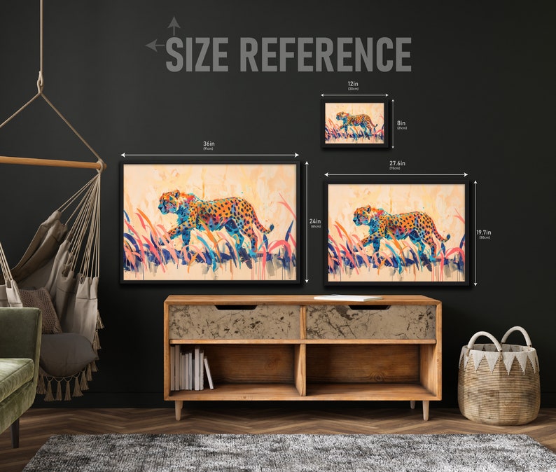 May include: Framed art prints featuring a colorful cheetah in a field of tall grass. The largest print is 36 inches wide by 24 inches tall. The image includes the text "SIZE REFERENCE".