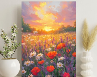 Lienzo impreso de campo de flores silvestres / Paisaje de prado al atardecer, decoración estilo cottagecore