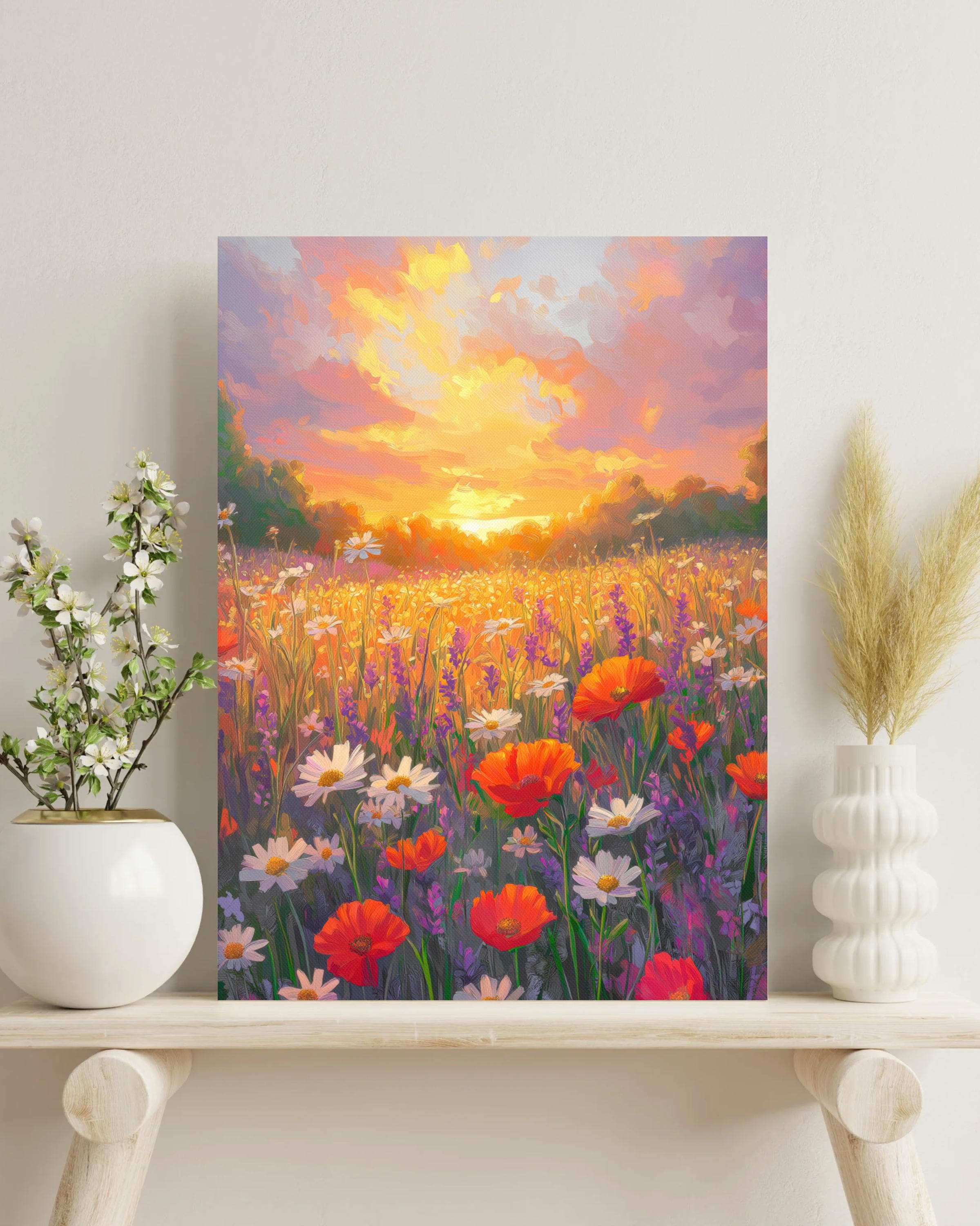 Wildflower Field Canvas Print | Sunset Meadow Landscape, Cottagecore ...