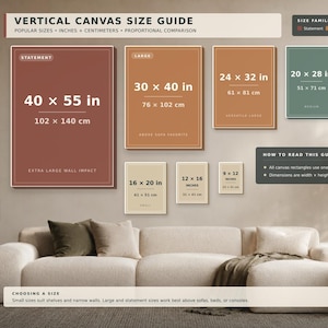 May include: A vertical canvas size guide chart displaying various rectangular dimensions in inches and centimetres. The chart includes labels for statement, large, medium, and small sizes, with text indicating 40x55, 30x40, 24x32, 20x28, 18x24, 16x20, 12x16, and 9x12 inches.