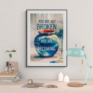 Póster de jarrón Kintsugi, estilo de pintura de acuarela, cita de vida para la autocuración y decoración motivacional zen, impresión de arte de pared motivacional