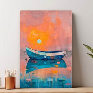 May include: Abstract painting of a blue boat with a white stripe, floating on a turquoise body of water with a pink and orange sunset in the background.