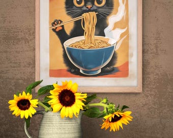 Lindo póster de un gatito negro comiendo un tazón de ramen, arte de pared para cocina con marco de vidrio, diseño vintage de arte pop japonés.