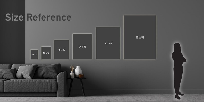K&ouml;nnte beinhalten: Gr&ouml;&szlig;enreferenz f&uuml;r Kunstdrucke, die verschiedene Gr&ouml;&szlig;en von 23 x 30 cm bis 102 x 140 cm zeigen. Eine Person steht neben dem gr&ouml;&szlig;ten Druck, um die Gr&ouml;&szlig;e zu veranschaulichen.