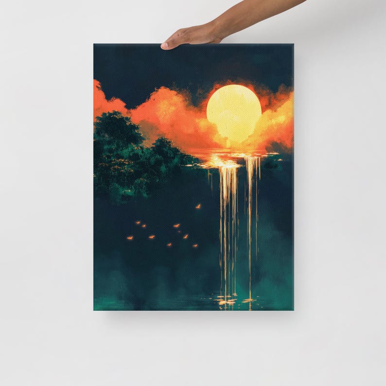 May include: A digital painting of a large, bright yellow moon setting over a dark green forest. The moon is reflected in a waterfall that flows down a cliff face. The sky is a mix of orange, red, and purple.