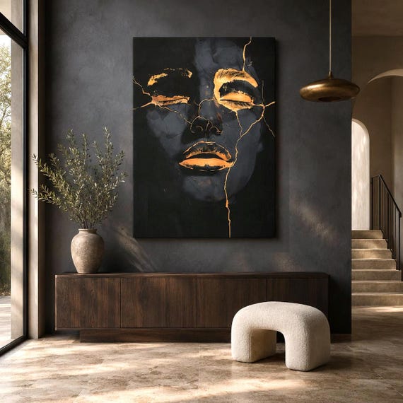 Black and Gold Kintsugi Portrait Canvas, Minimalist Entryway Wall Art