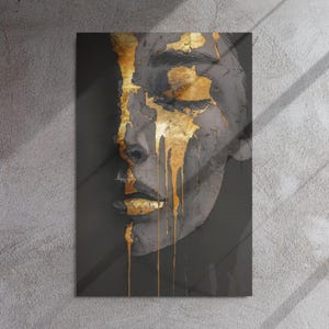 Aquarel Kintsugi-muurkunst metaalprint, groot humeurig portret met druipende gouden verf, Kintsugi-muurdecoratie met goud- en zwarte tinten