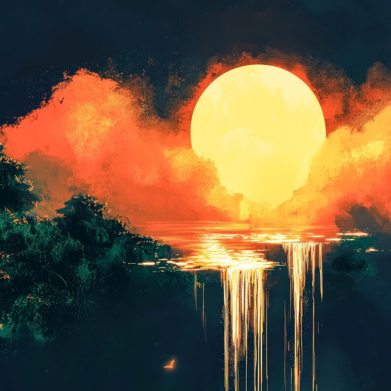 May include: A digital painting of a sunset over a body of water. The sun is a large, bright yellow circle in the sky, and the water is a deep blue. The sky is a mix of orange, red, and yellow. There are trees on the left side of the image, and the water is cascading down in a waterfall.