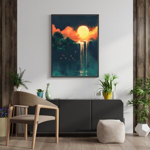 May include: A digital painting of a sunset over a waterfall. The sun is a bright orange and yellow, and the sky is a mix of orange, red, and purple. The waterfall is cascading down a cliff face, and the water is a deep blue. The painting is framed in a black frame.