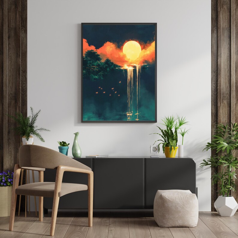 May include: A digital painting of a sunset over a waterfall. The sun is a bright orange and yellow, and the sky is a mix of orange, red, and purple. The waterfall is cascading down a cliff face, and the water is a deep blue. The painting is framed in a black frame.