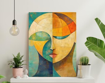 Abstract Face Canvas, Earthy Tones, Cubist Design
