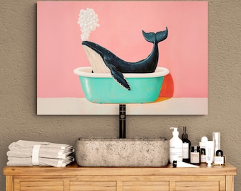 Whale in Bathtub Canvas Art, Pink Bathroom Decor